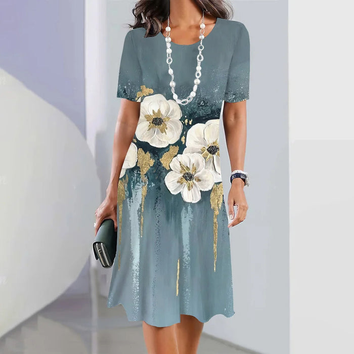 Flower Colorful Sweet Fresh And Loose Round Neck Dress