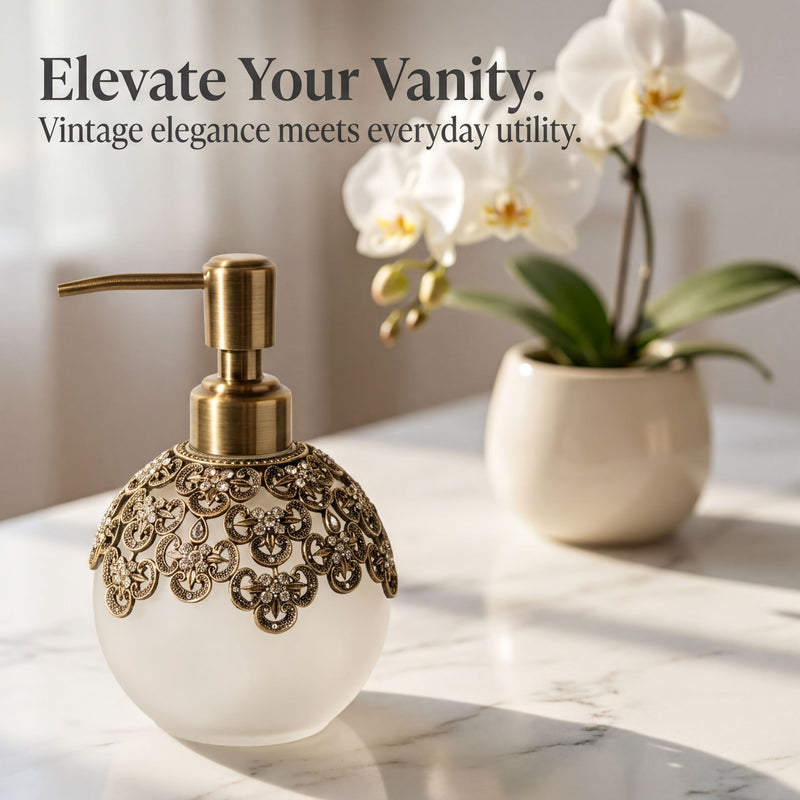 Soap Dispenser – Elegant Frosted Glass, Pewter & Rhinestone Decorative Pump