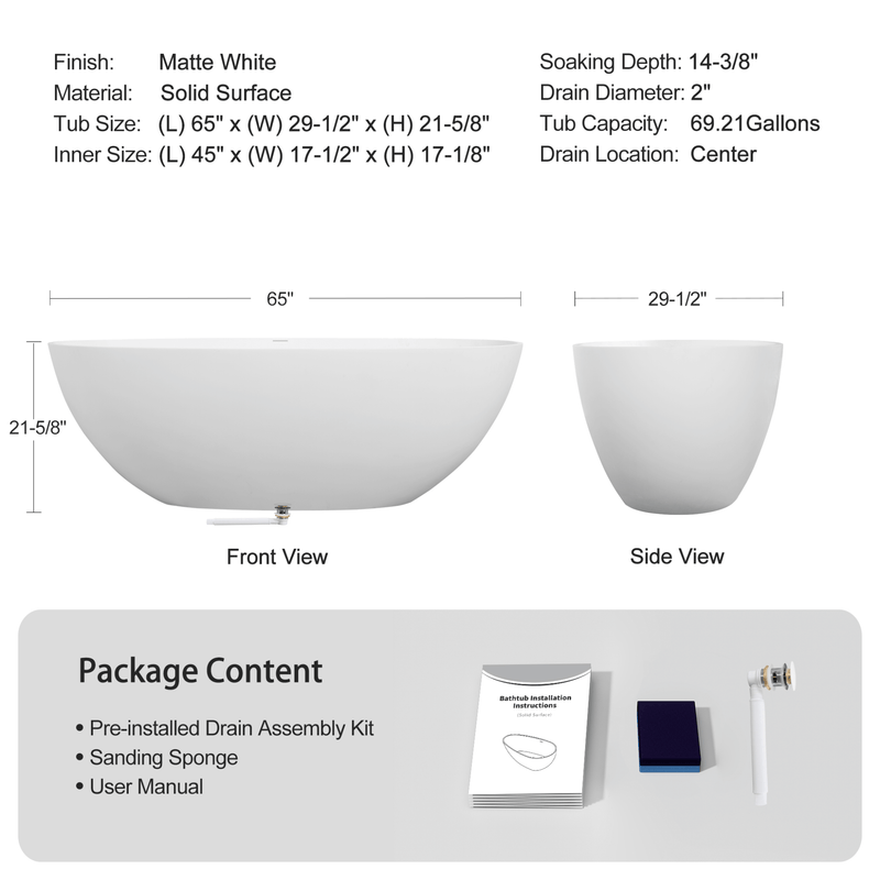 Nuvia Virella 65-Inch Luxury Freestanding Soaking Bathtub With Overflow And Pop-Up Drain (SAK69451)