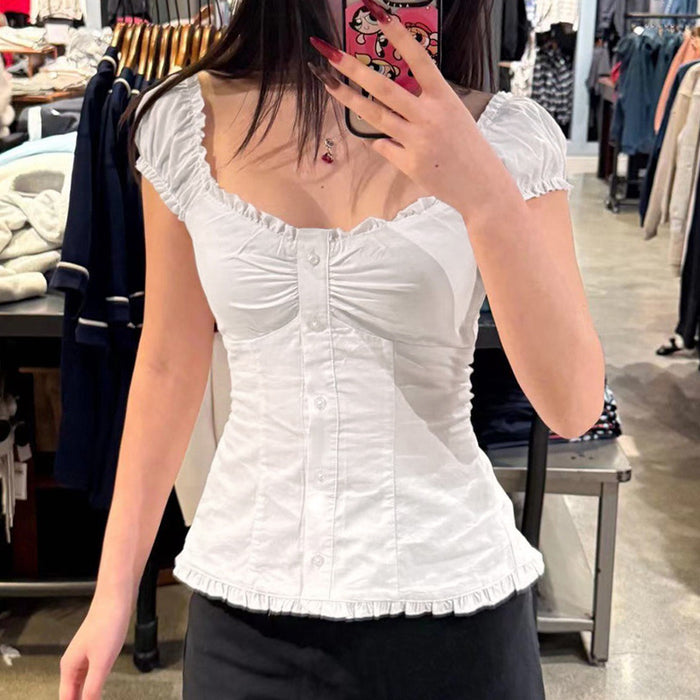 Sweet Slim Fit U-shaped French Wooden Ear Lace-collared Blouse