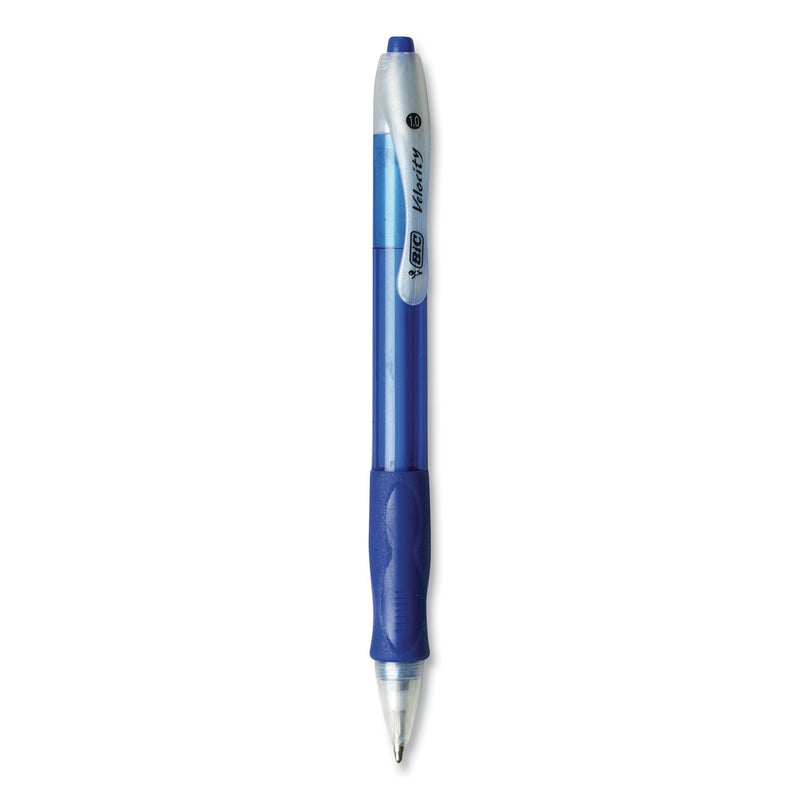 BIC Velocity Easy Glide Ballpoint Pen, Retractable, Medium 1 mm, Blue Ink, Translucent Blue Barrel, Dozen