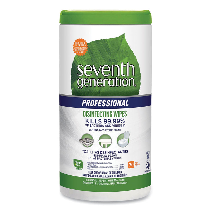 Seventh Generation Disinfecting Multi-Surface Wipes, 8 x 7, Lemongrass Citrus, 70/Canister