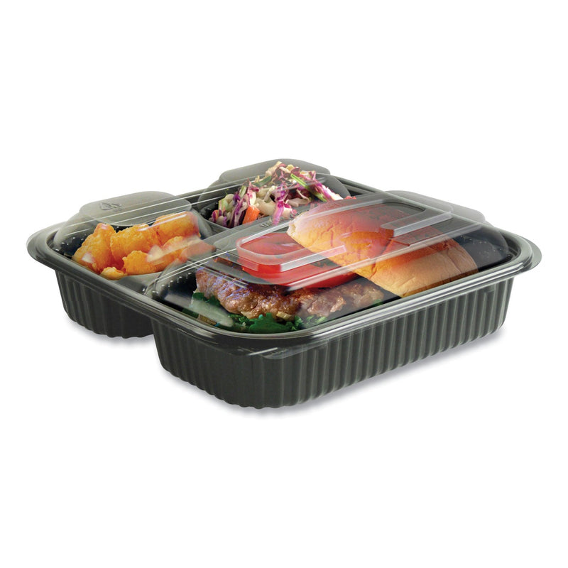 Anchor Packaging Culinary Squares 2-Piece/3-Compartment Microwavable Container, 21 oz/6 oz/6 oz, 8.46 x 8.46 x 2.5, Clear/Blk, Plastic, 150/CT
