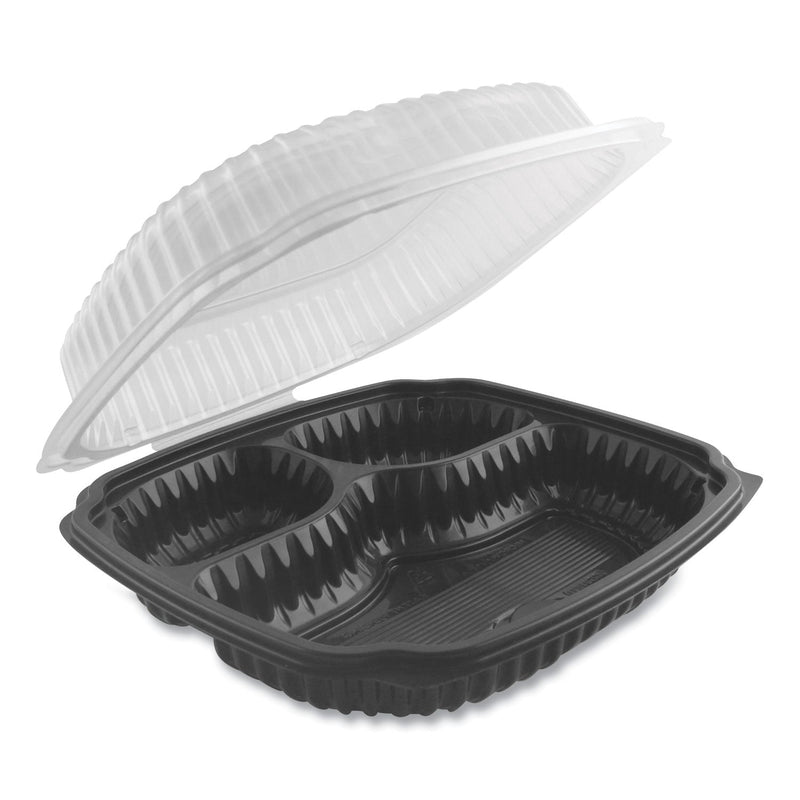 Anchor Packaging Culinary Lites Microwavable 3-Compartment Container, 26 oz/7 oz/7 oz, 10.56 x 9.98 x 3.19, Clear/Black, Plastic, 100/Carton