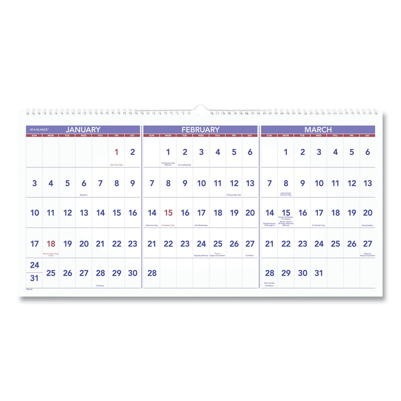 AT-A-GLANCE Deluxe Three-Month Reference Wall Calendar, Horizontal Orientation, 24 x 12, White Sheets, 15-Month (Dec-Feb): 2022 to 2024