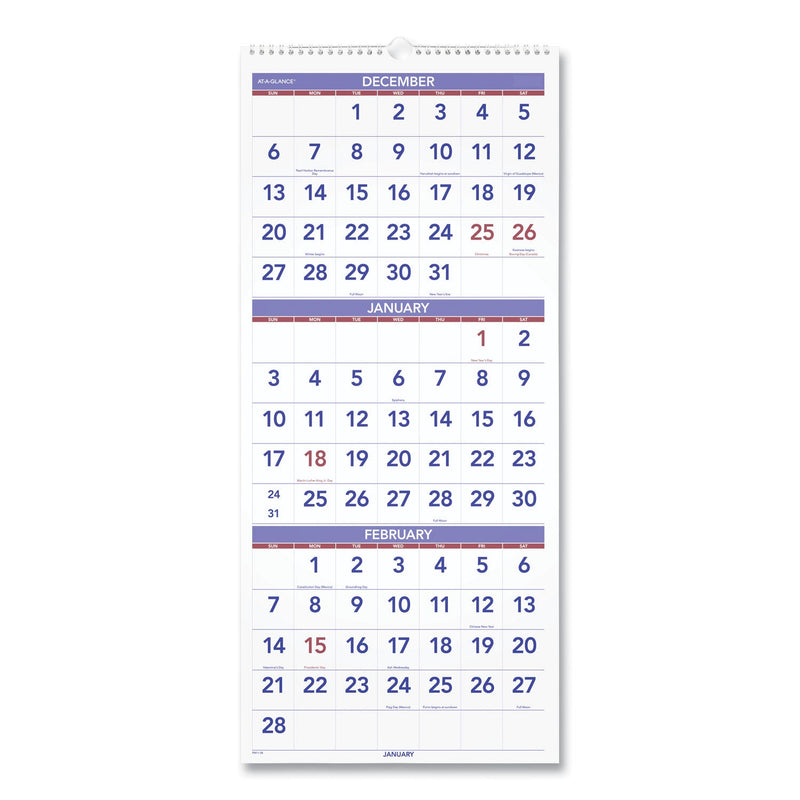 AT-A-GLANCE Deluxe Three-Month Reference Wall Calendar, Vertical Orientation, 12 x 27, White Sheets, 14-Month (Dec to Jan): 2022 to 2024