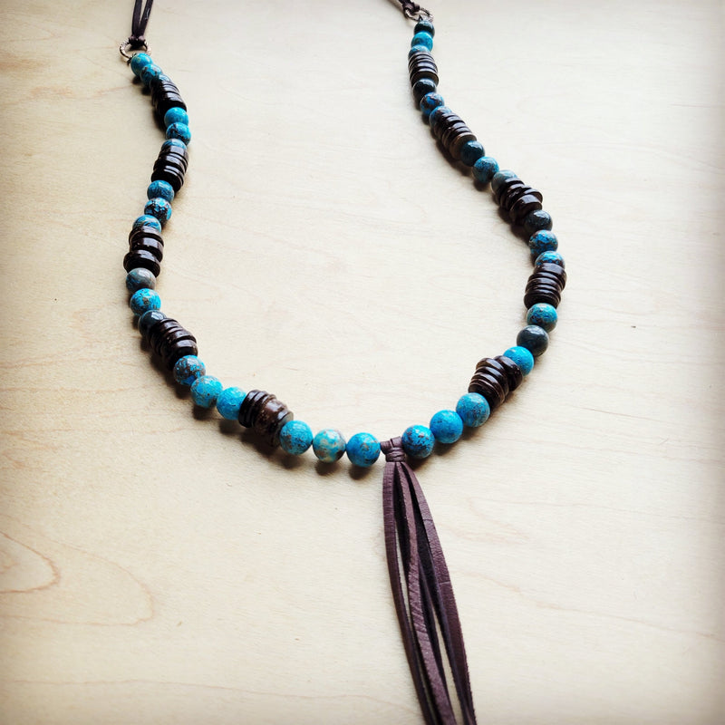 Ocean Agate Necklace with Wood Beads and Leather Tassel 260b
