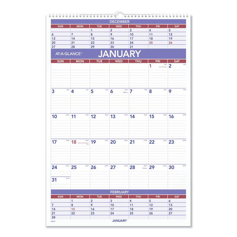 AT-A-GLANCE Three-Month Wall Calendar, 15.5 x 22.75, White Sheets, 12-Month (Jan to Dec): 2023