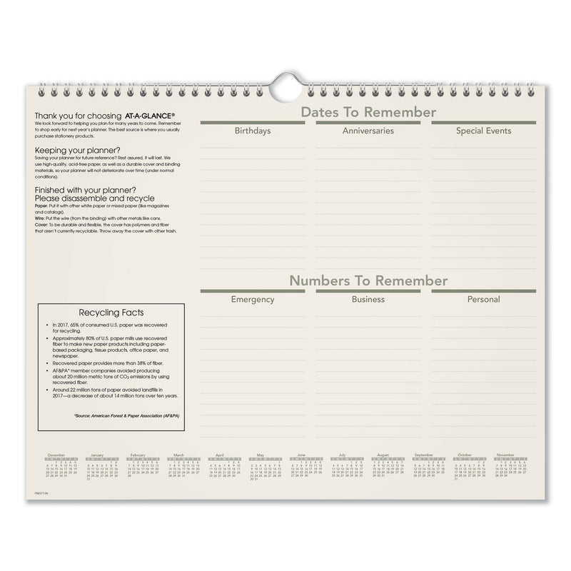 AT-A-GLANCE Recycled Wall Calendar, Unruled Blocks, 15 x 12, Sand/Green Sheets, 12-Month (Jan to Dec): 2023