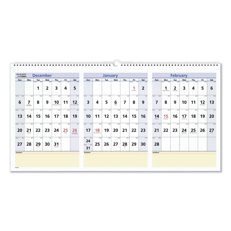 AT-A-GLANCE QuickNotes Three-Month Wall Calendar in Horizontal Format, 24 x 12, White Sheets, 15-Month (Dec to Feb): 2022 to 2024