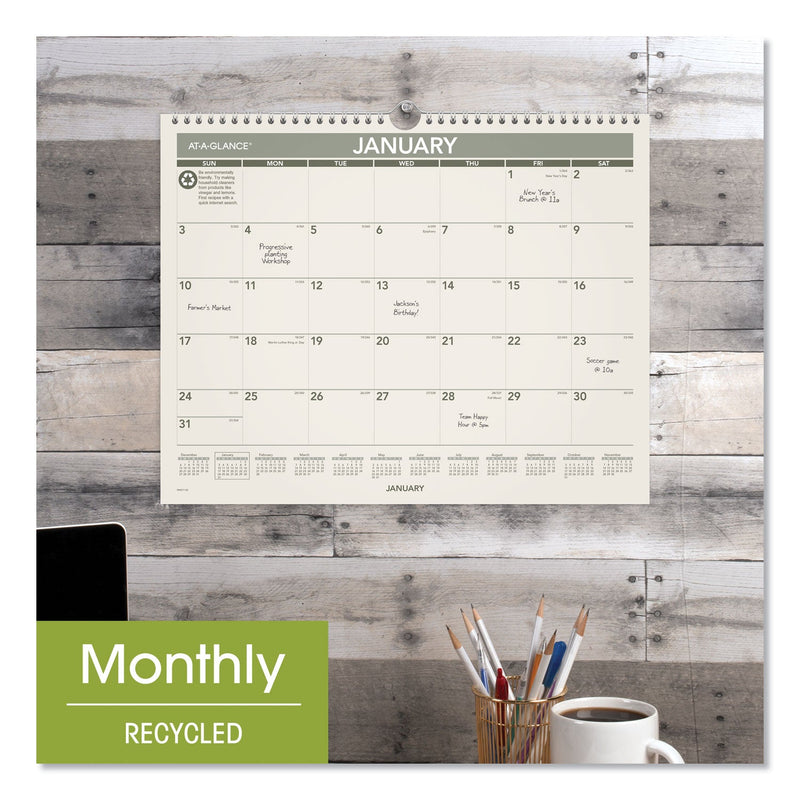 AT-A-GLANCE Recycled Wall Calendar, Unruled Blocks, 15 x 12, Sand/Green Sheets, 12-Month (Jan to Dec): 2023