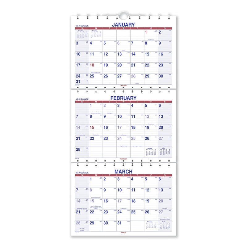 AT-A-GLANCE Move-A-Page Three-Month Wall Calendar, 12 x 27, White/Red/Blue Sheets, 15-Month (Dec to Feb): 2022 to 2024
