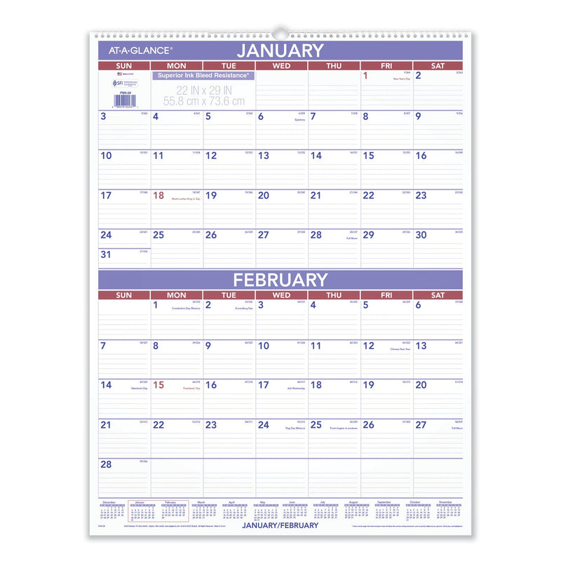 AT-A-GLANCE Two-Month Wall Calendar, 22 x 29, White/Blue/Red Sheets, 12-Month (Jan to Dec): 2023