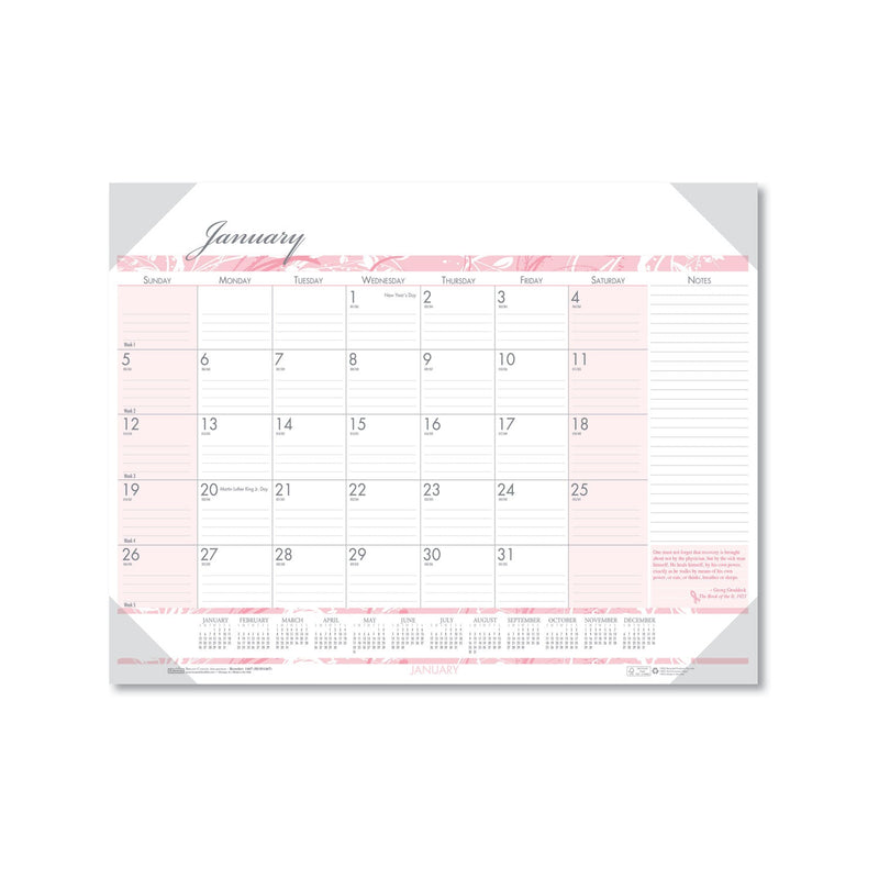 House of Doolittle Recycled Monthly Desk Pad Calendar, Breast Cancer Awareness Artwork, 22 x 17, Black Binding/Corners,12-Month (Jan-Dec): 2023