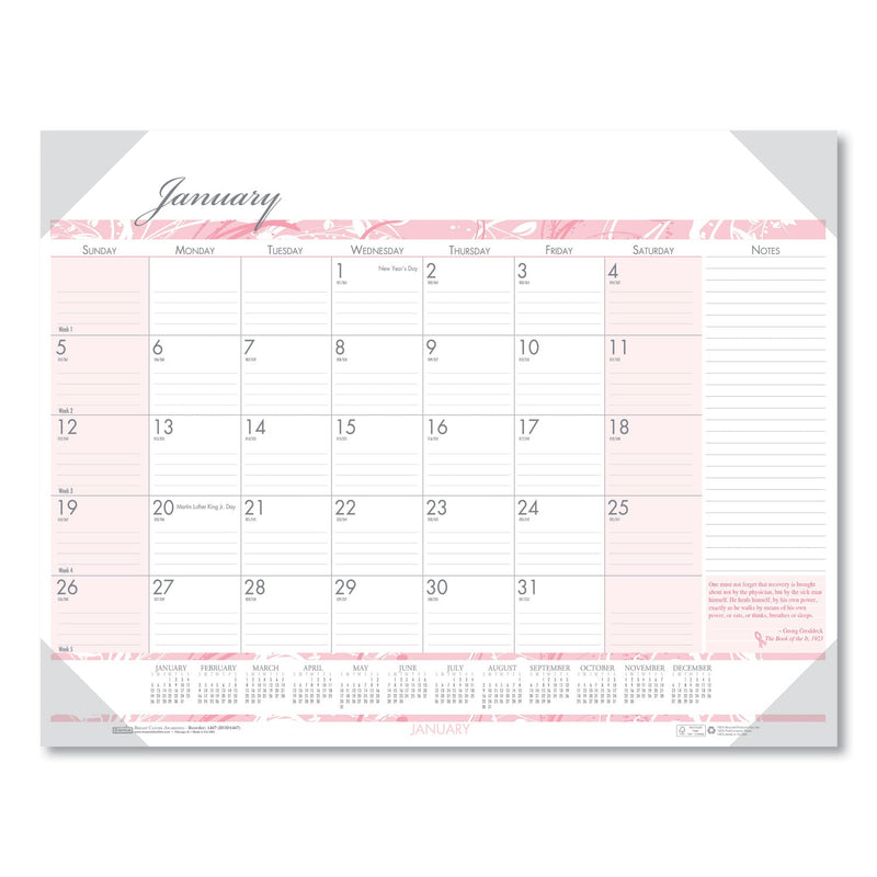 House of Doolittle Recycled Monthly Desk Pad Calendar, Breast Cancer Awareness Artwork, 18.5 x 13, Black Binding/Corners,12-Month(Jan-Dec): 2023
