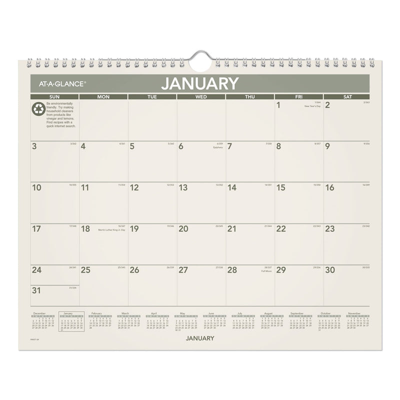 AT-A-GLANCE Recycled Wall Calendar, Unruled Blocks, 15 x 12, Sand/Green Sheets, 12-Month (Jan to Dec): 2023