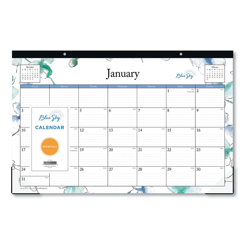 Blue Sky Lindley Desk Pad, Floral Artwork, 17 x 11, White/Blue/Green Sheets, Black Binding, Clear Corners, 12-Month (Jan-Dec): 2023