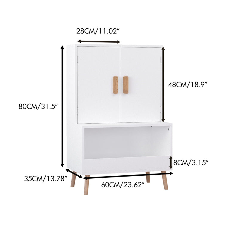 Toy Storage Cabinet With Doors And Open Shelf, Toddler Bookshelf For Playroom - White