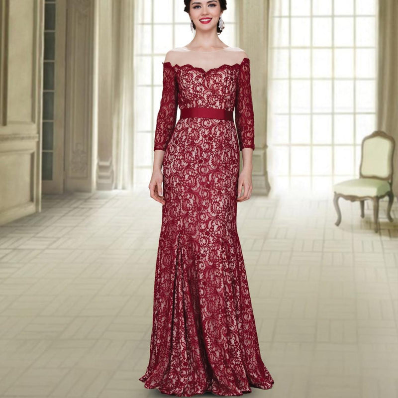 A beautiful gown, off-shoulder, reveals noble air.