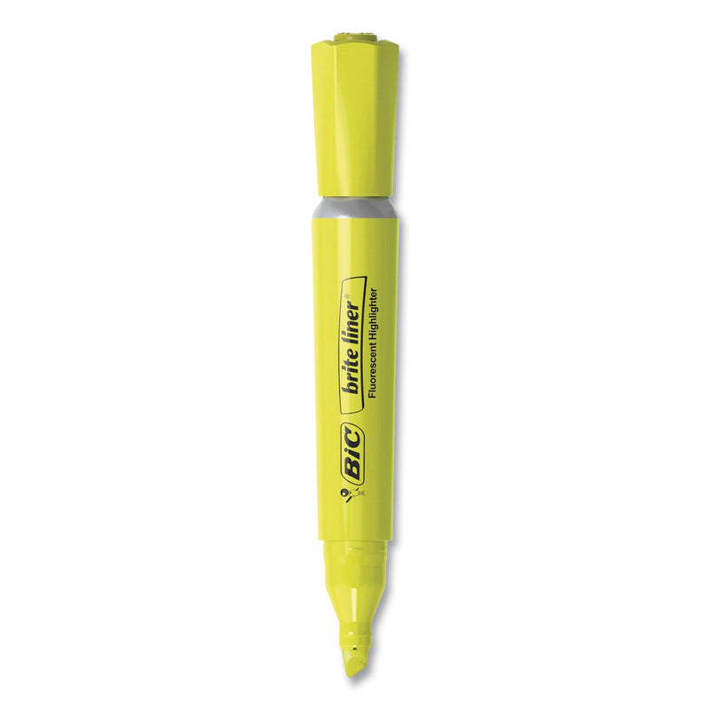 BIC Brite Liner Tank-Style Highlighter, Fluorescent Yellow Ink, Chisel Tip, Yellow/Black Barrel, Dozen