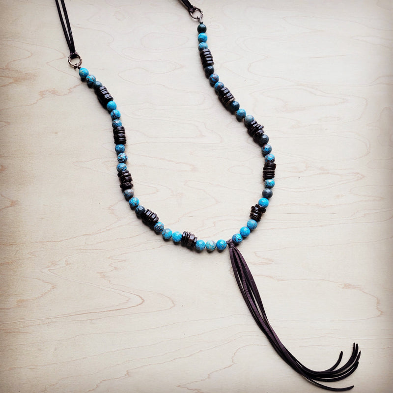 Ocean Agate Necklace with Wood Beads and Leather Tassel 260b