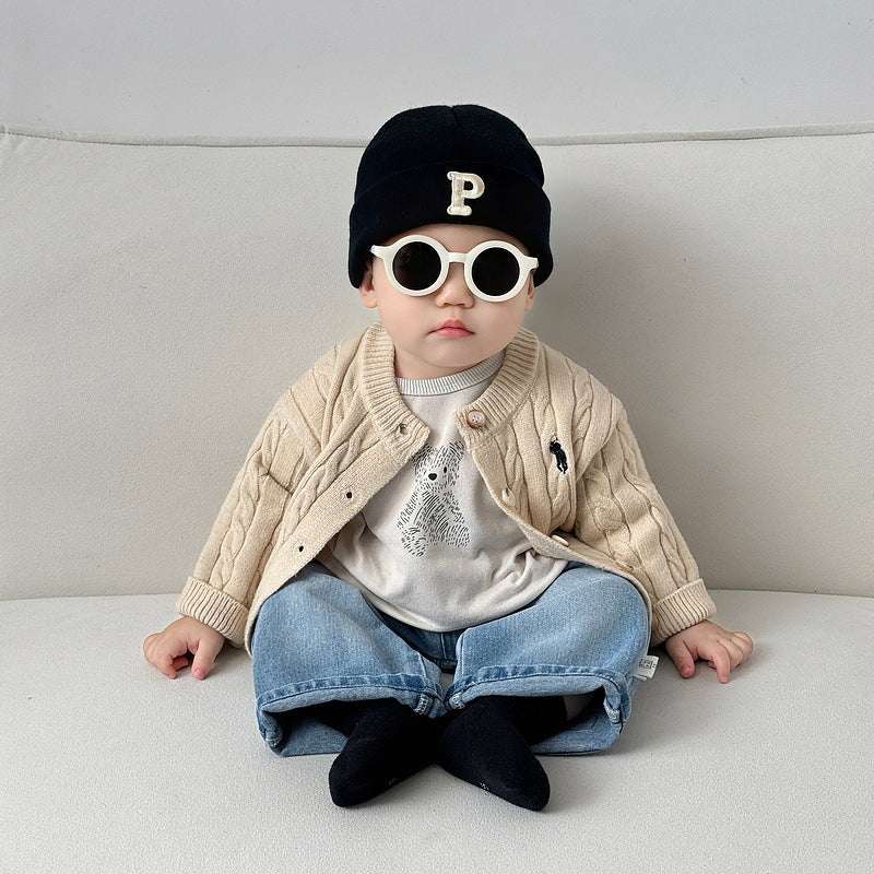 Fashionable Embroidered Casual Knitted Cardigan Childrens Sweater