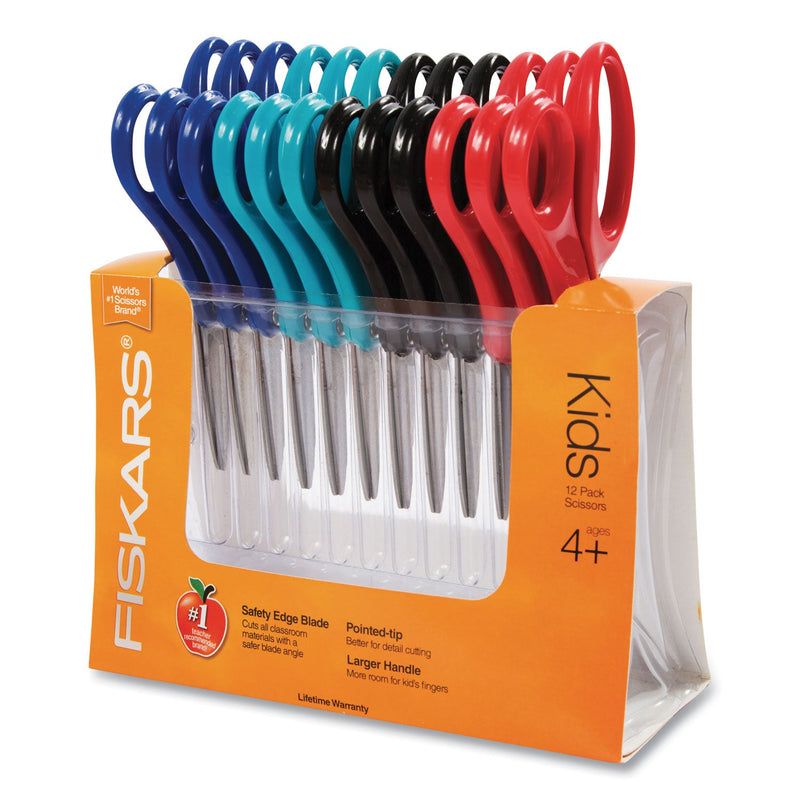 Fiskars Kids/Student Scissors, Pointed Tip, 5" Long, 1.75" Cut Length, Assorted Straight Handles, 12/Pack