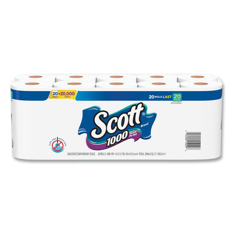 Scott Standard Roll Bathroom Tissue, Septic Safe, 1-Ply, White, 1,000 Sheets/Roll, 20/Pack, 2 Packs/Carton