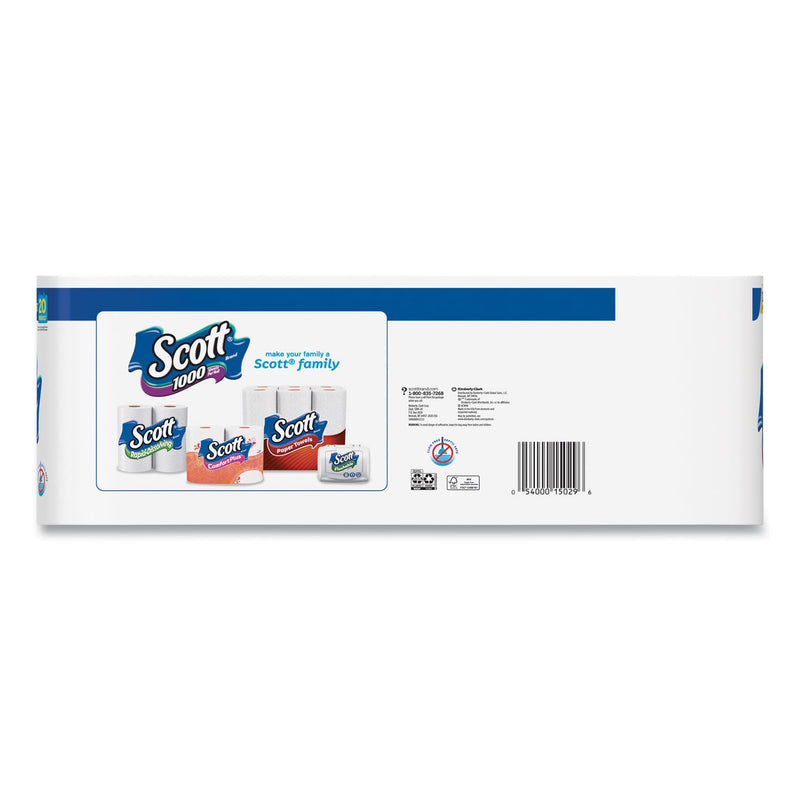 Scott 1000 Bathroom Tissue, Septic Safe, 1-Ply, White, 1,000 Sheet/Roll, 20/Pack