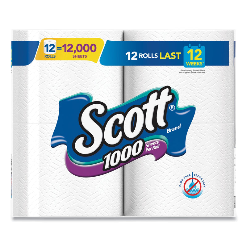 Scott Toilet Paper, Septic Safe, 1-Ply, White, 1,000 Sheets/Roll, 12 Rolls/Pack, 4 Pack/Carton