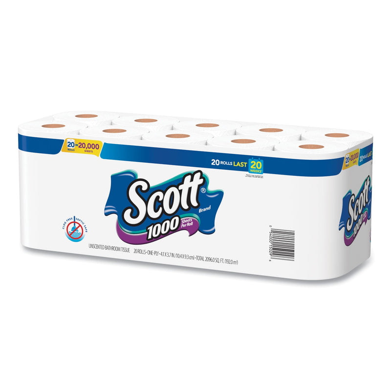 Scott Standard Roll Bathroom Tissue, Septic Safe, 1-Ply, White, 1,000 Sheets/Roll, 20/Pack, 2 Packs/Carton