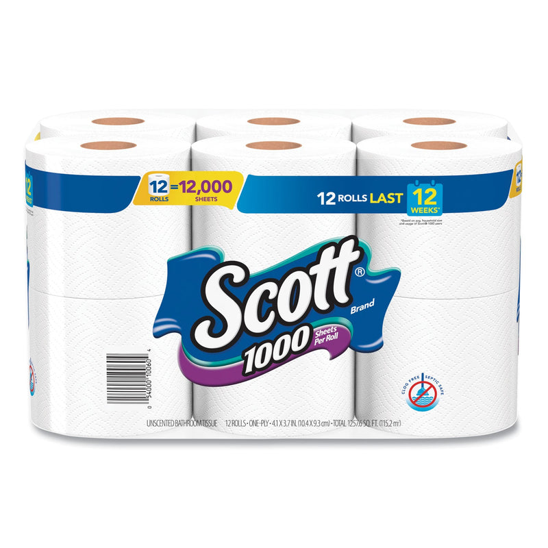 Scott Toilet Paper, Septic Safe, 1-Ply, White, 1,000 Sheets/Roll, 12 Rolls/Pack, 4 Pack/Carton