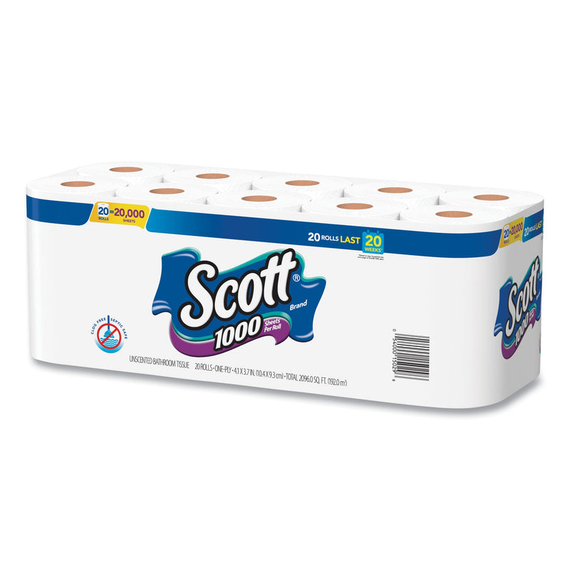 Scott 1000 Bathroom Tissue, Septic Safe, 1-Ply, White, 1,000 Sheet/Roll, 20/Pack