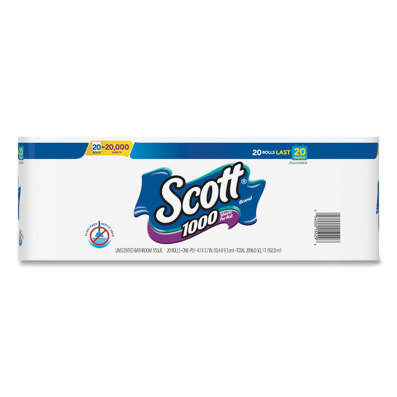 Scott Standard Roll Bathroom Tissue, Septic Safe, 1-Ply, White, 1,000 Sheets/Roll, 20/Pack, 2 Packs/Carton