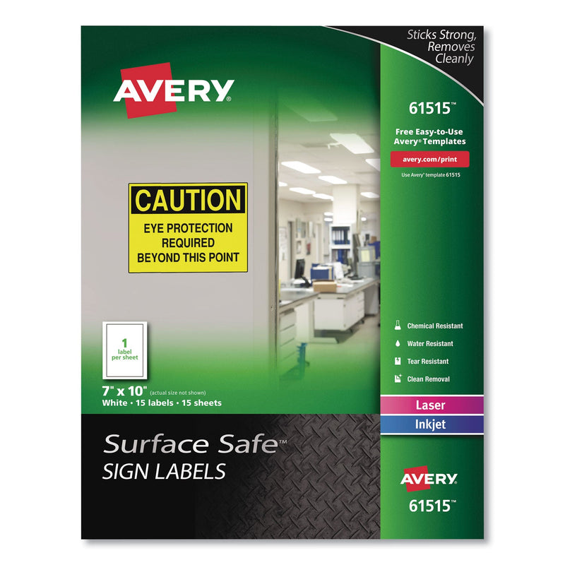 Avery Surface Safe Removable Label Safety Signs, Inkjet/Laser Printers, 7 x 10, White, 15/Pack