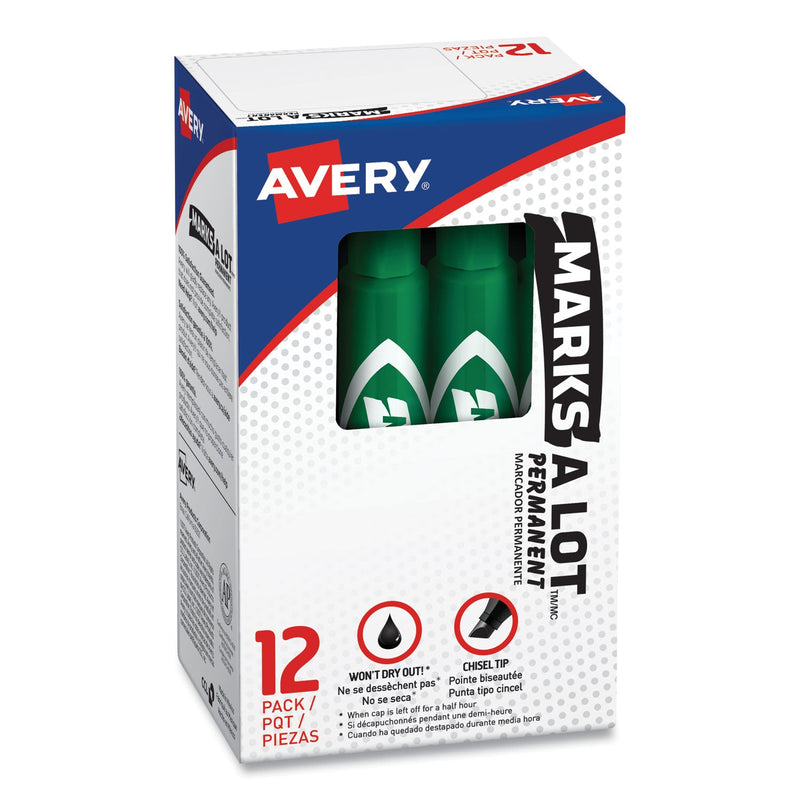 Avery MARKS A LOT Regular Desk-Style Permanent Marker, Broad Chisel Tip, Green, Dozen (7885)