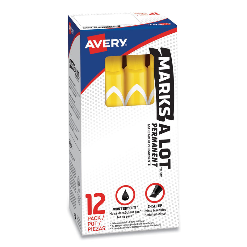Avery MARKS A LOT Large Desk-Style Permanent Marker, Broad Chisel Tip, Yellow, Dozen (8882)