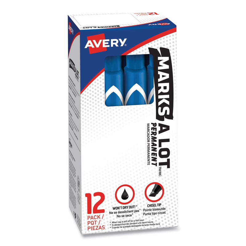 Avery MARKS A LOT Large Desk-Style Permanent Marker, Broad Chisel Tip, Blue, Dozen (8886)