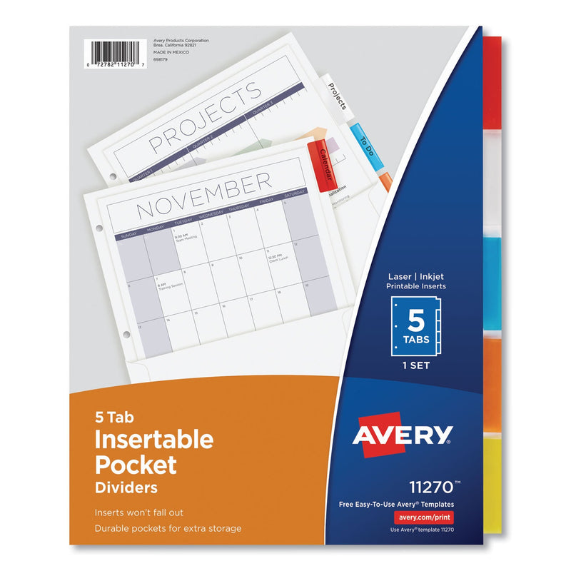Avery Insertable Dividers w/Single Pockets, 5-Tab, 11.25 x 9.13, White, 1 Set