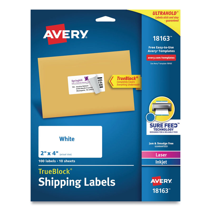 Avery Shipping Labels w/ TrueBlock Technology, Inkjet Printers, 2 x 4, White, 10/Sheet, 10 Sheets/Pack