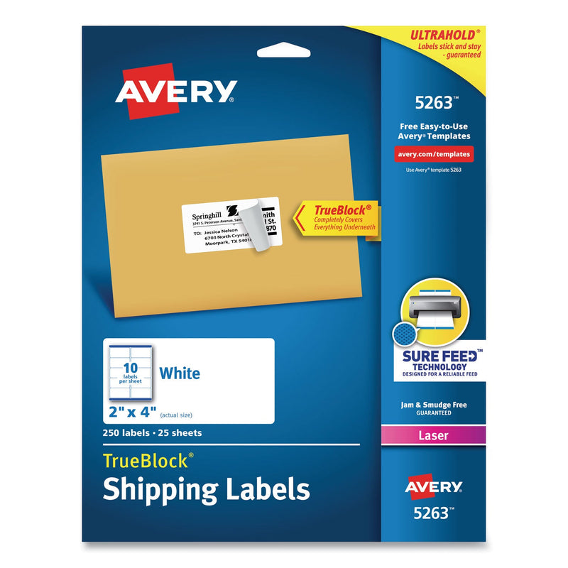 Avery Shipping Labels w/ TrueBlock Technology, Laser Printers, 2 x 4, White, 10/Sheet, 25 Sheets/Pack