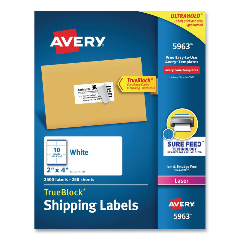 Avery Shipping Labels w/ TrueBlock Technology, Laser Printers, 2 x 4, White, 10/Sheet, 250 Sheets/Box