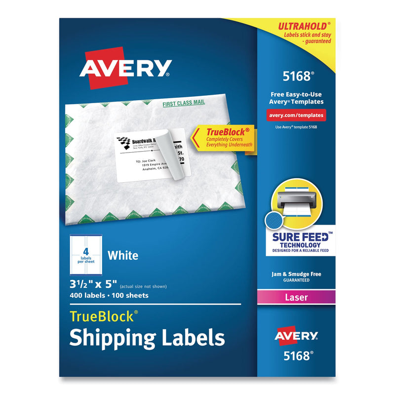 Avery Shipping Labels w/ TrueBlock Technology, Laser Printers, 3.5 x 5, White, 4/Sheet, 100 Sheets/Box