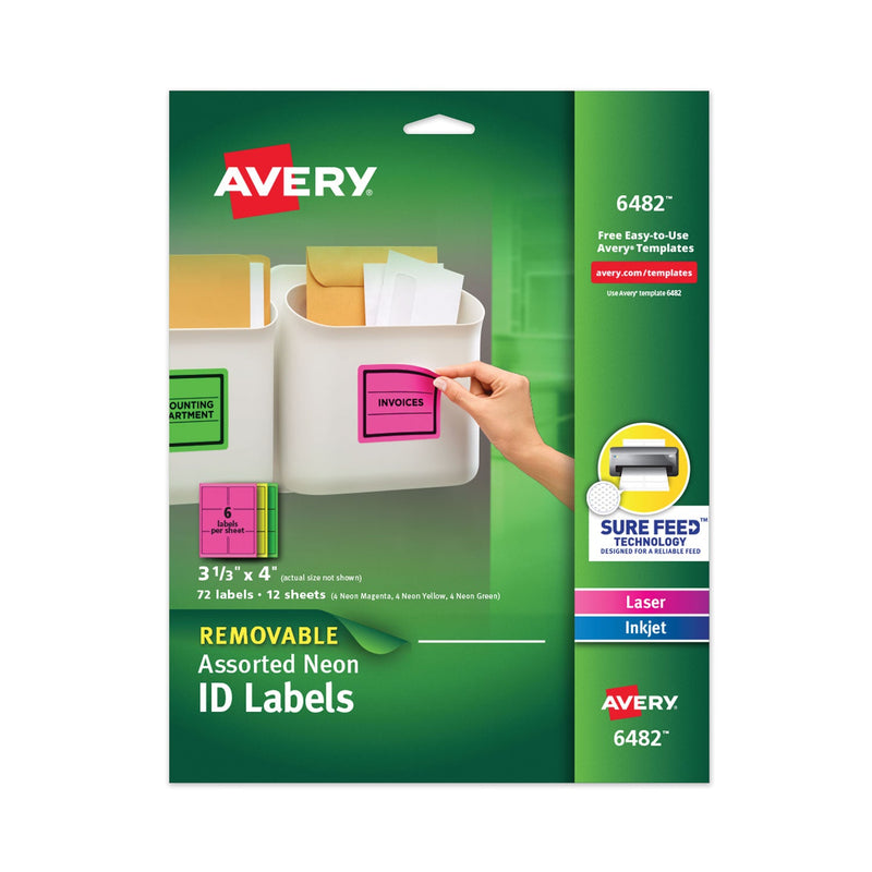 Avery High-Vis Removable Laser/Inkjet ID Labels w/ Sure Feed, 3.33 x 4, Neon, 72/PK
