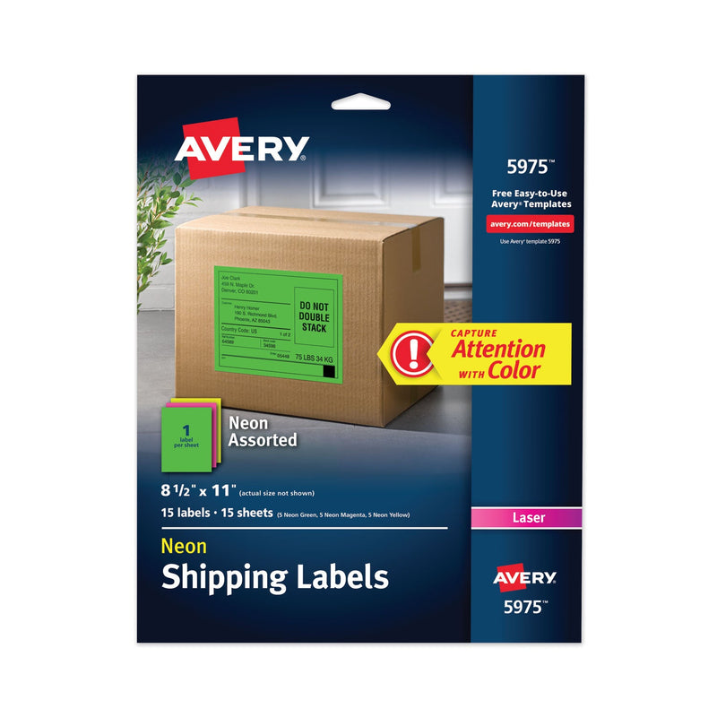 Avery High-Visibility Permanent Laser ID Labels, 8.5 x 11, Asst. Neon, 15/Pack