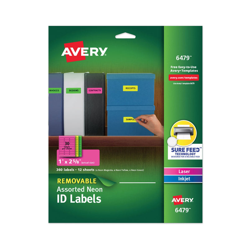 Avery High-Vis Removable Laser/Inkjet ID Labels w/ Sure Feed, 1 x 2.63, Neon, 360/PK