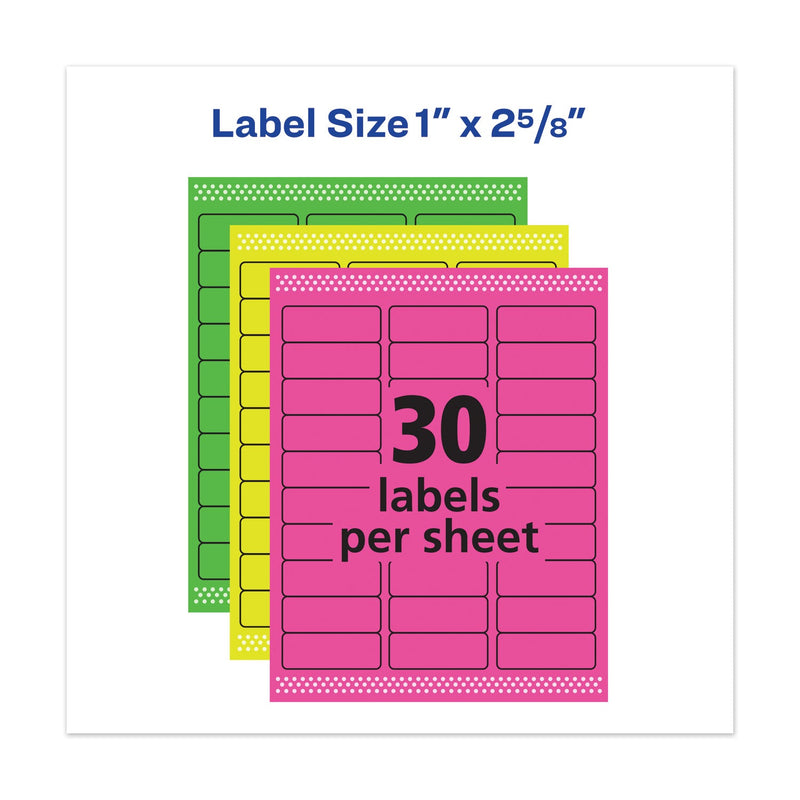 Avery High-Vis Removable Laser/Inkjet ID Labels w/ Sure Feed, 1 x 2.63, Neon, 360/PK