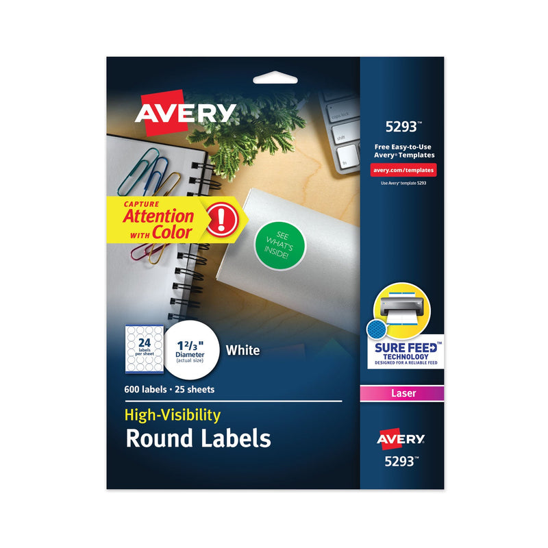 Avery Permanent Laser Print-to-the-Edge ID Labels w/SureFeed, 1.66" dia, White, 600/PK