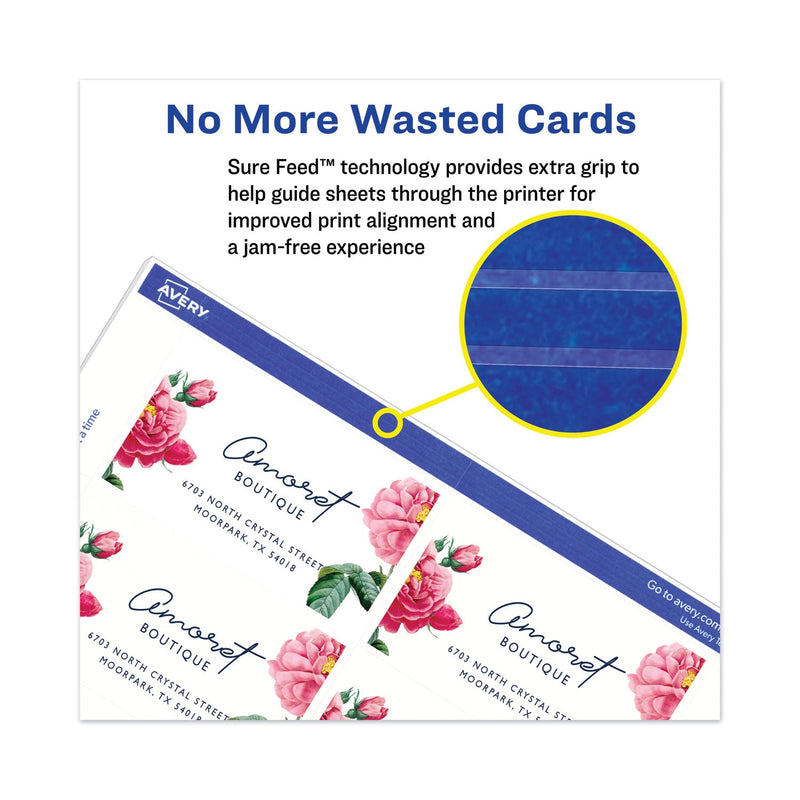 Avery Printable Microperforated Business Cards w/Sure Feed Technology, Laser, 2 x 3.5, White, 250 Cards, 10/Sheet, 25 Sheets/Pack