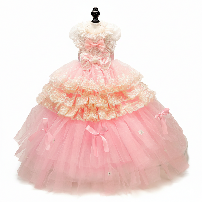 Elegant Pink Lace Dog Dress Trailing Handcrafted Princess Tutu Gown for Wedding Party